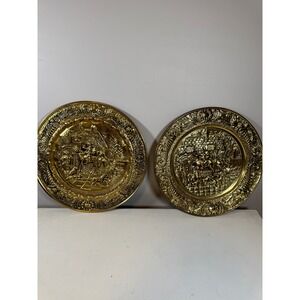 Vintage Brass Wall Plates Set Embossed Scene England Home Decor